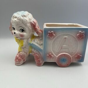 Vintage MCM Ardco Lamb W/Cart Block Letters Planter Baby Room Nursery Pastel